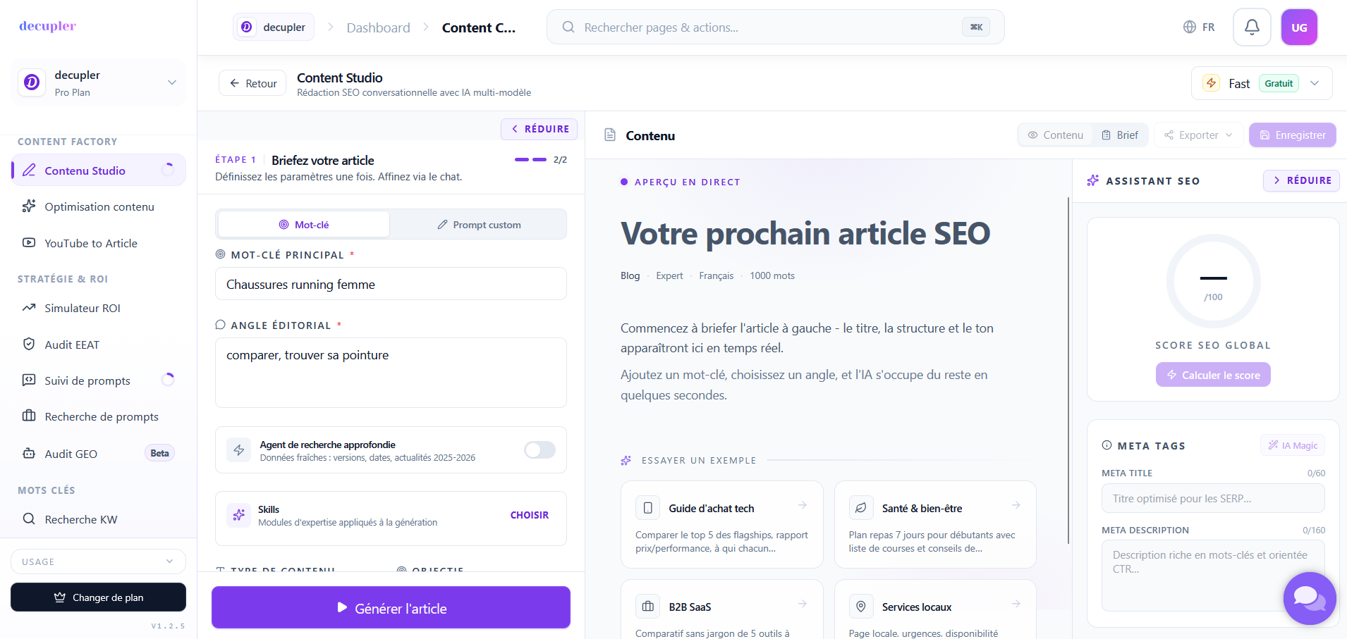 Interface Contenu Studio - rédaction SEO avec l'Application Décupler