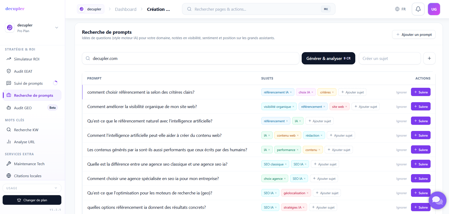 Suivi et recherche de prompts GEO - Application Décupler