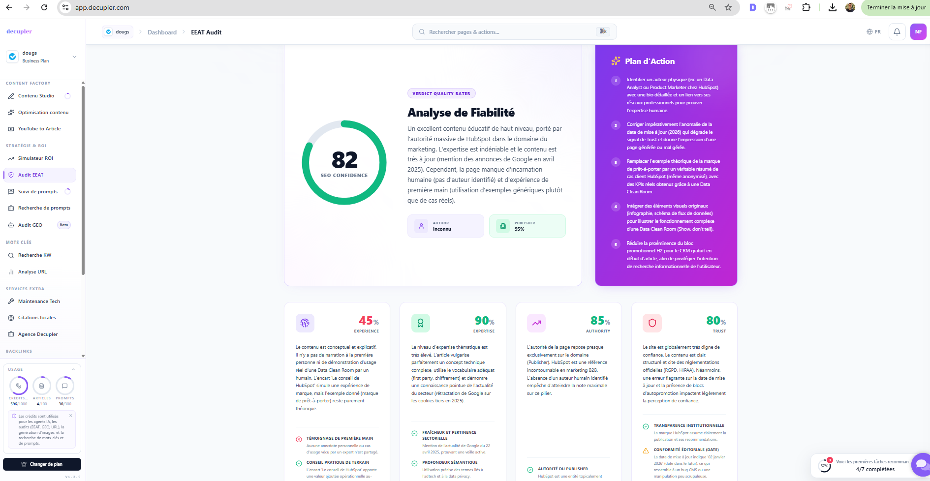 Audit E-E-A-T - score autorité avec l'Application Décupler