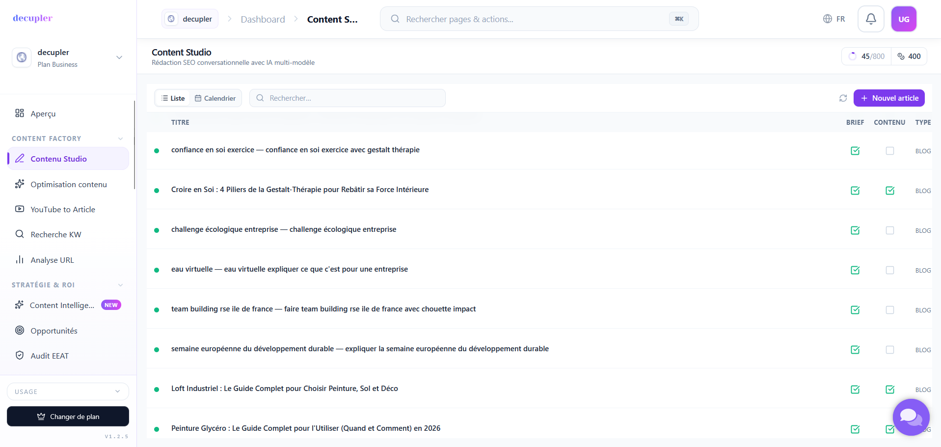 Interface Contenu Studio - rédaction SEO avec l'Application Décupler
