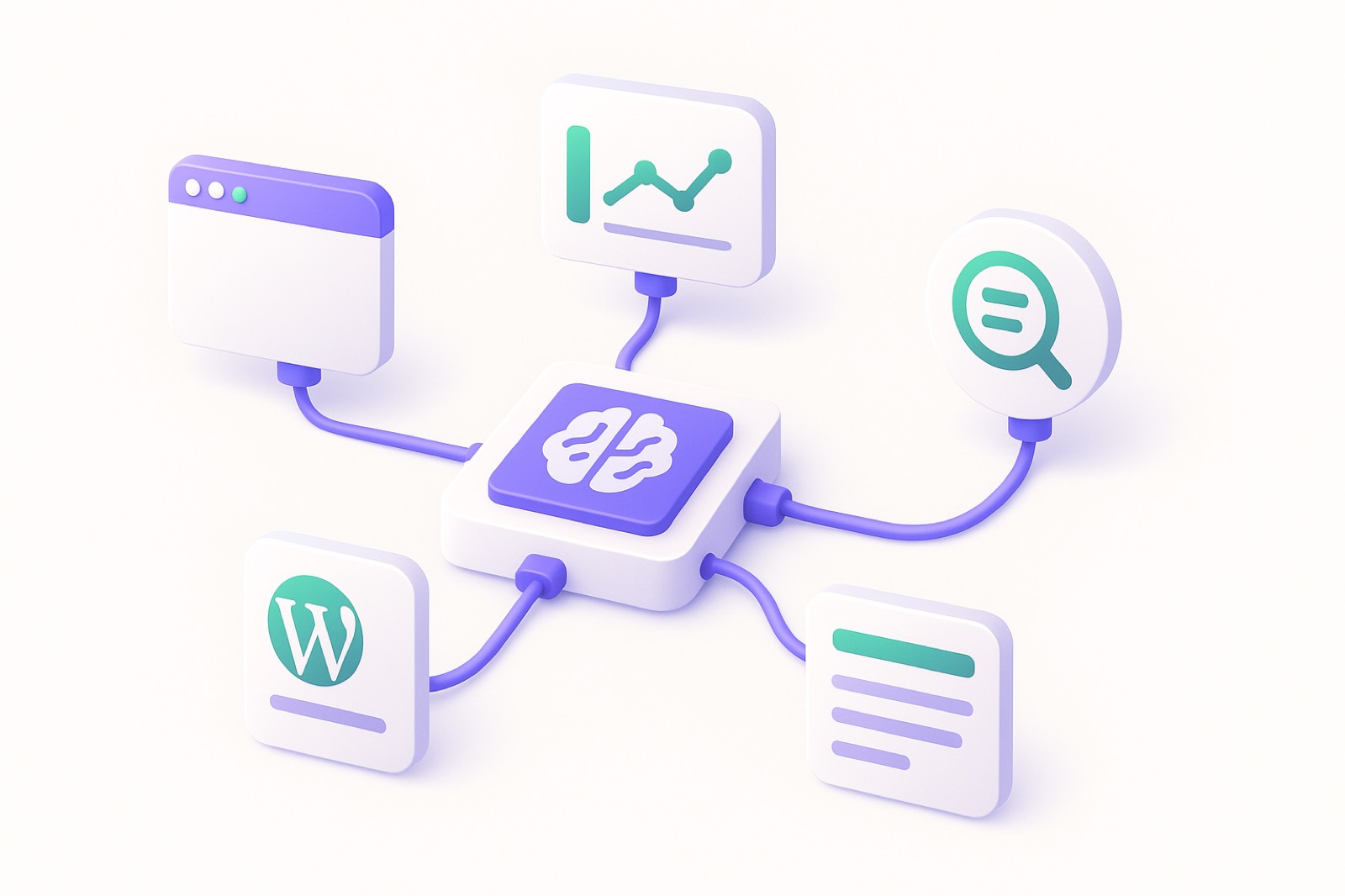 Claude Code au centre, connecté par des MCP au navigateur, à Search Console, à Notion, aux mots-clés et à WordPress
