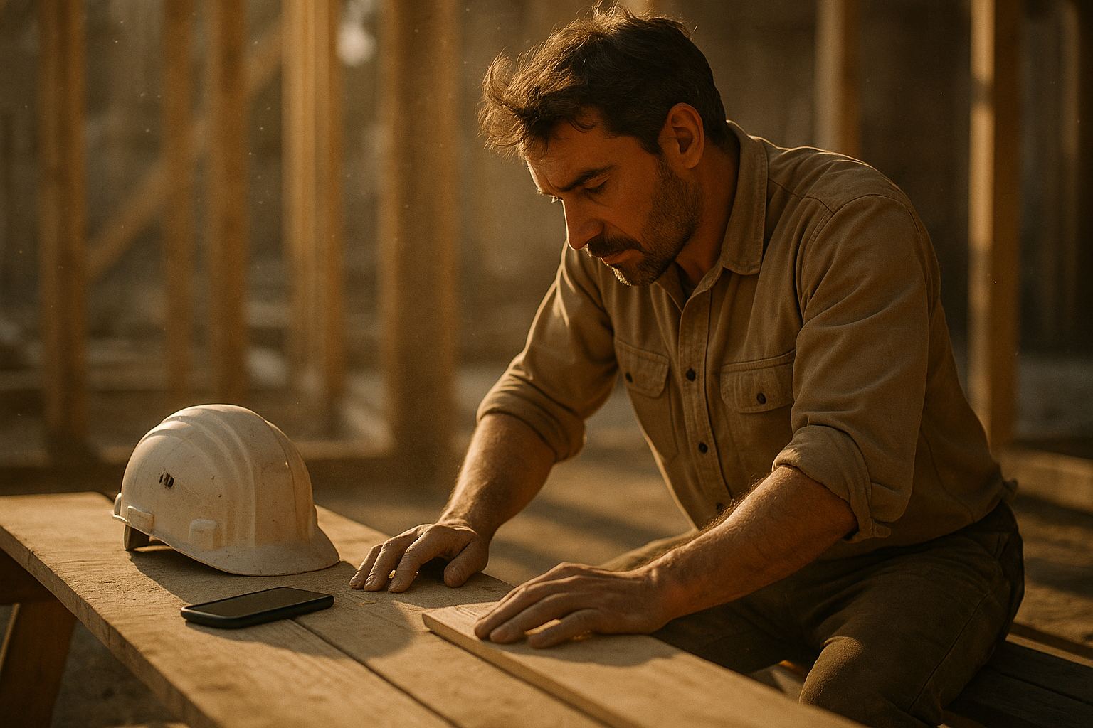 Un artisan travaille des deux mains, son téléphone posé à côté de lui sur l'établi