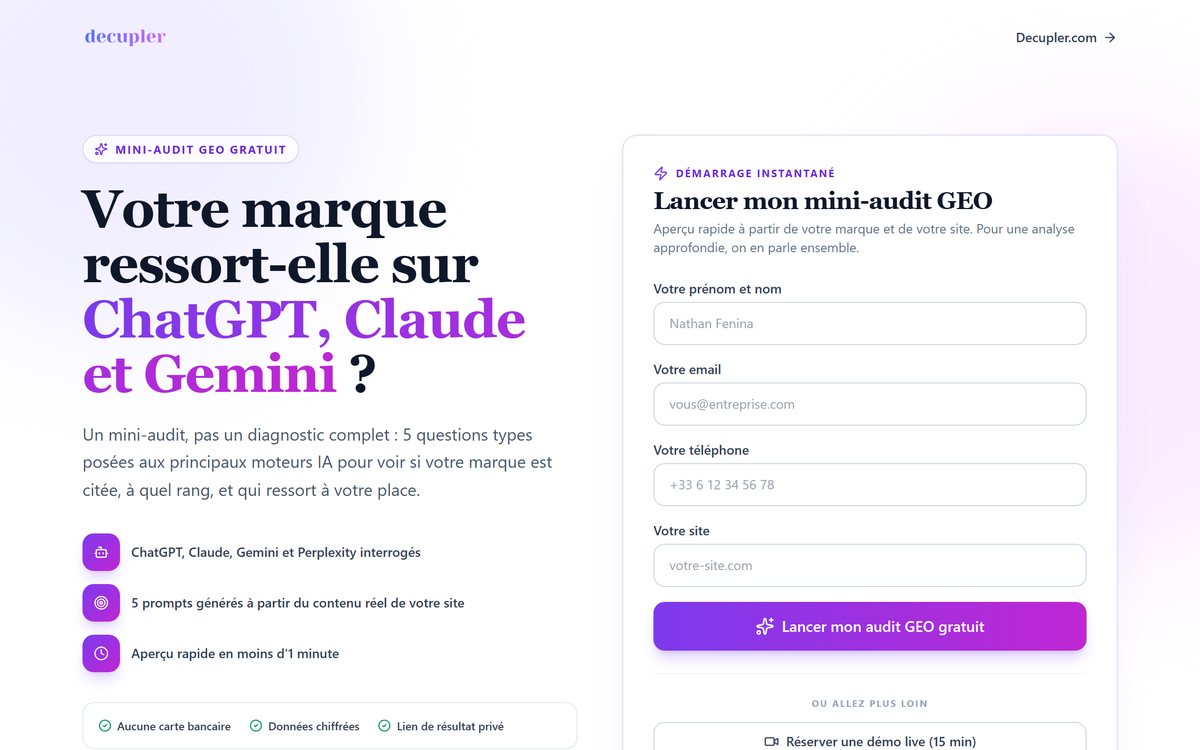 Application Décupler exécutant un audit GEO