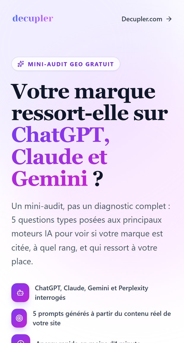 Audit GEO gratuit sur mobile dans l'application Décupler