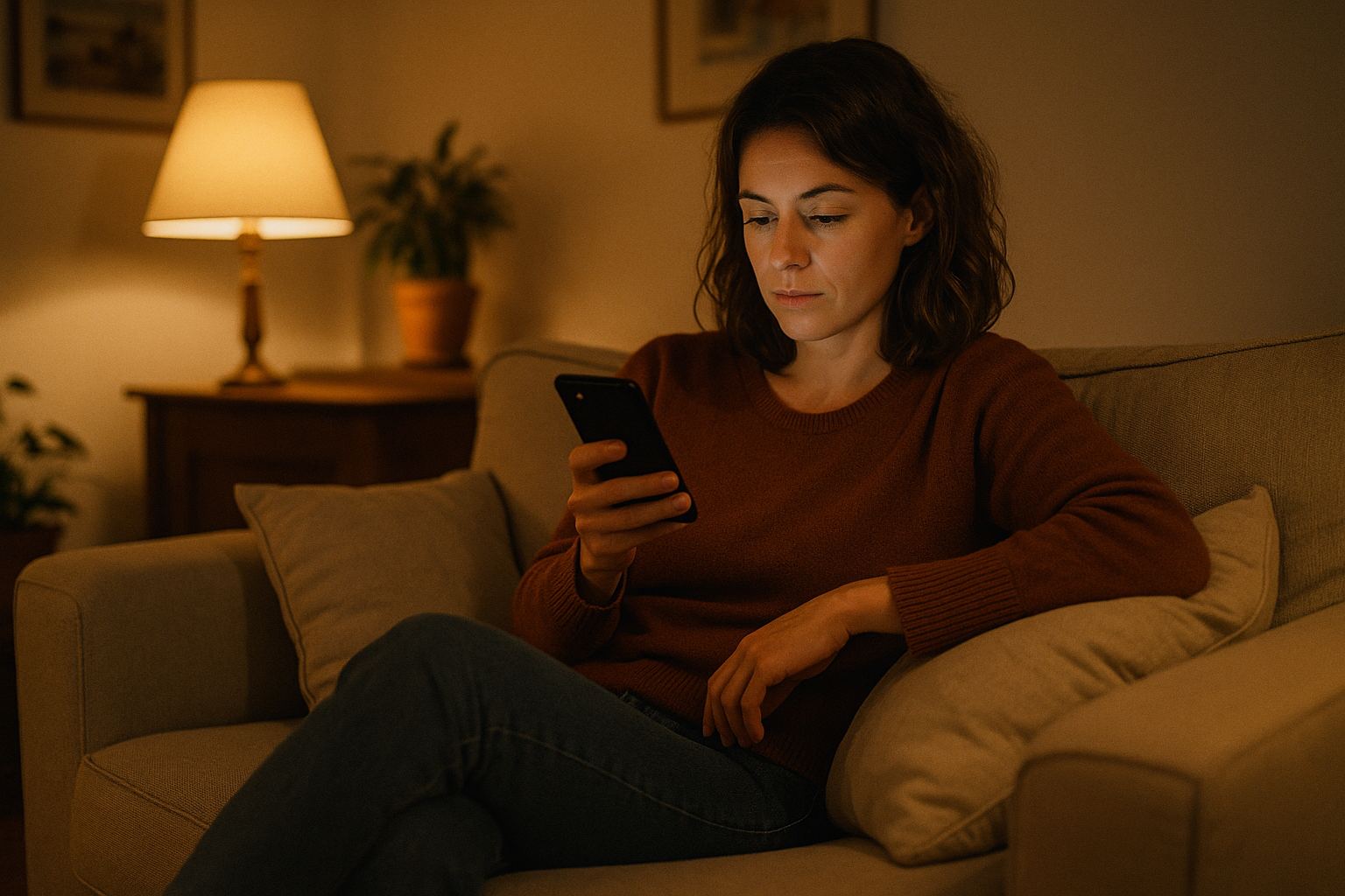 Une visiteuse consulte un site sur son téléphone à 21 h, chez elle