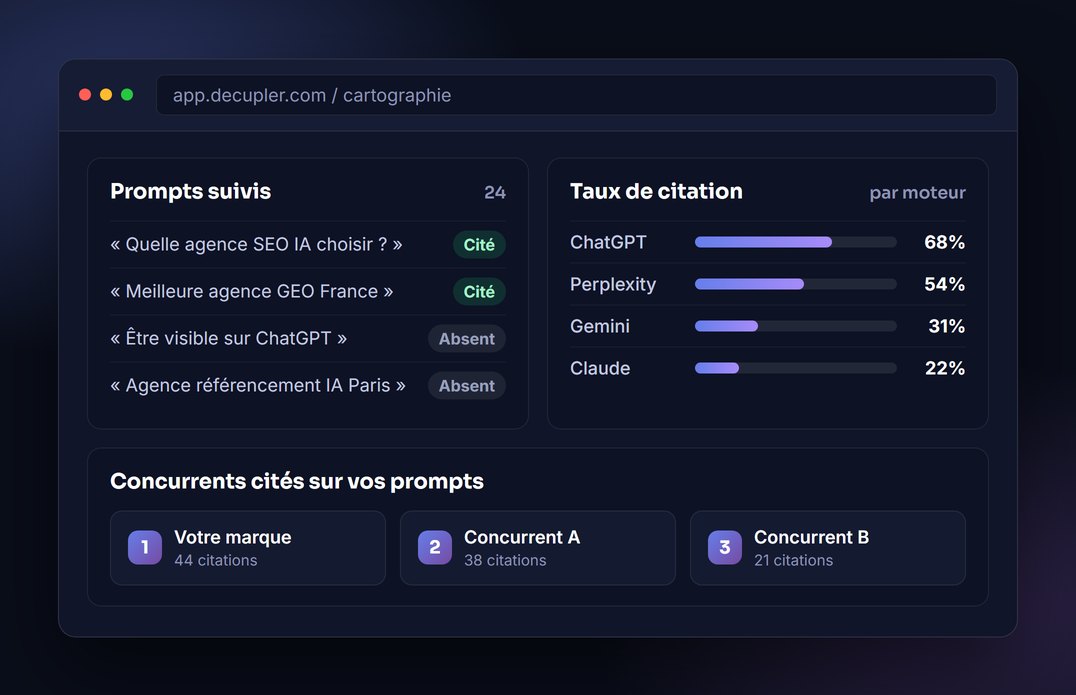 Tableau de bord d'une agence SEO IA : taux de citation par moteur et concurrents cités