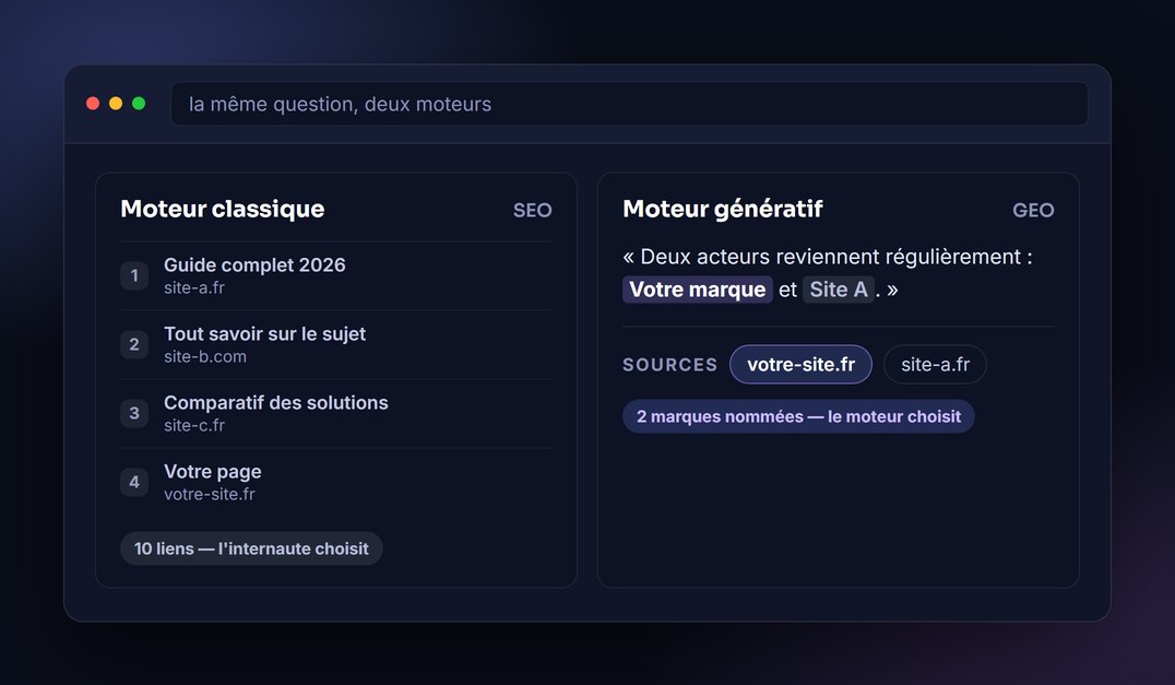 C'est quoi le GEO : la même question posée à un moteur classique et à un moteur génératif