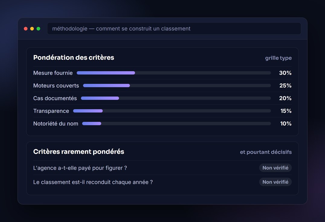 Top agences GEO France : la pondération des critères dans une grille de classement