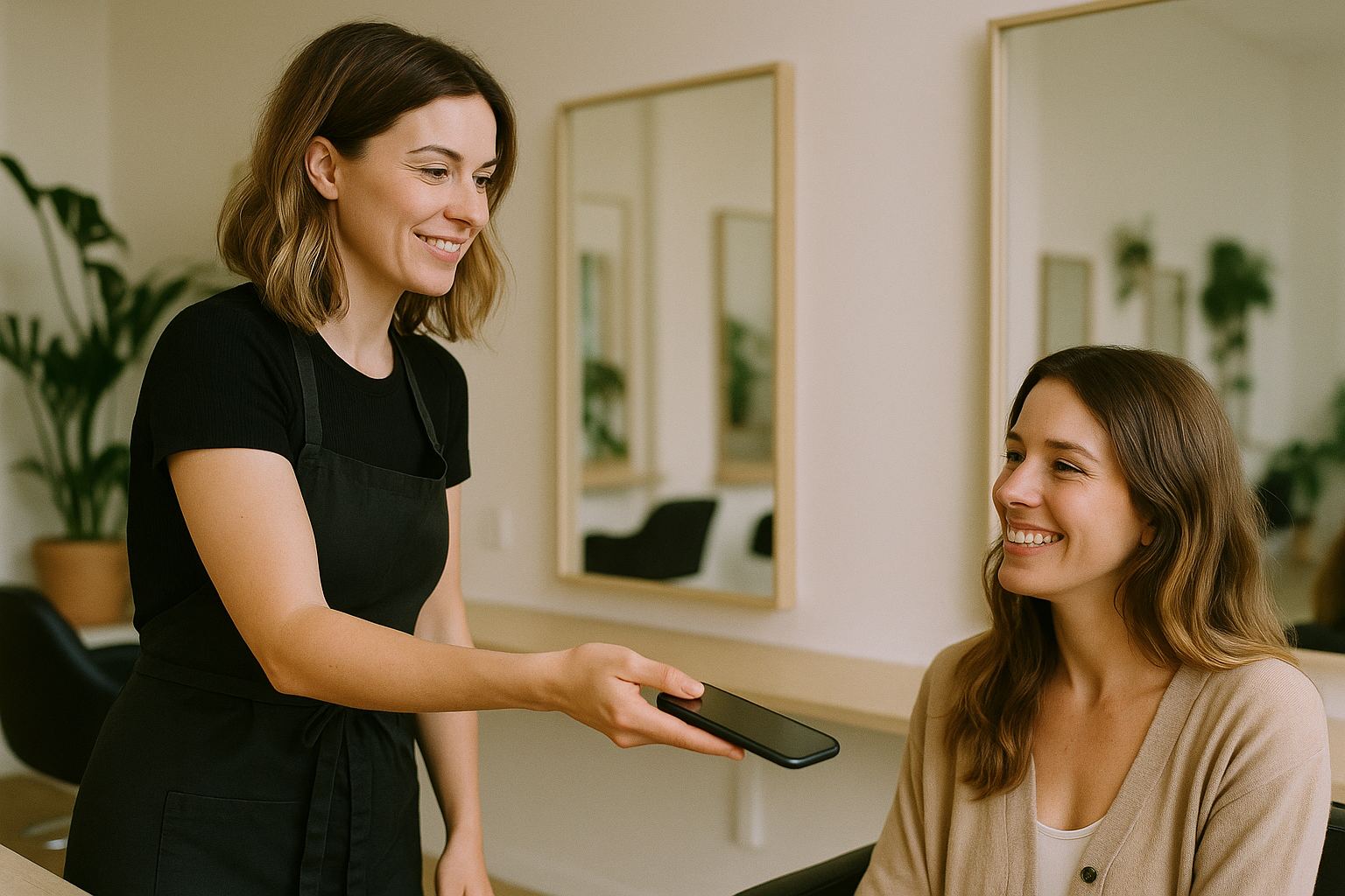 Une coiffeuse tend son téléphone à une cliente pour lui demander un avis