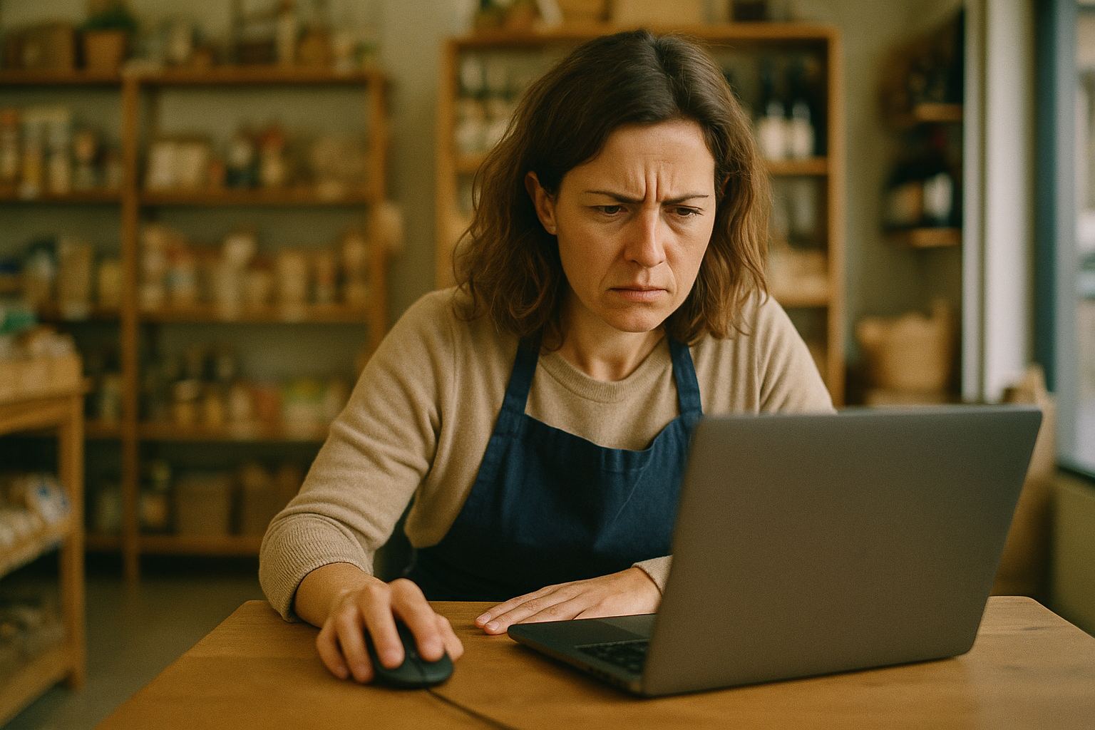 Une gérante de commerce consulte son ordinateur portable, contrariée par un avis