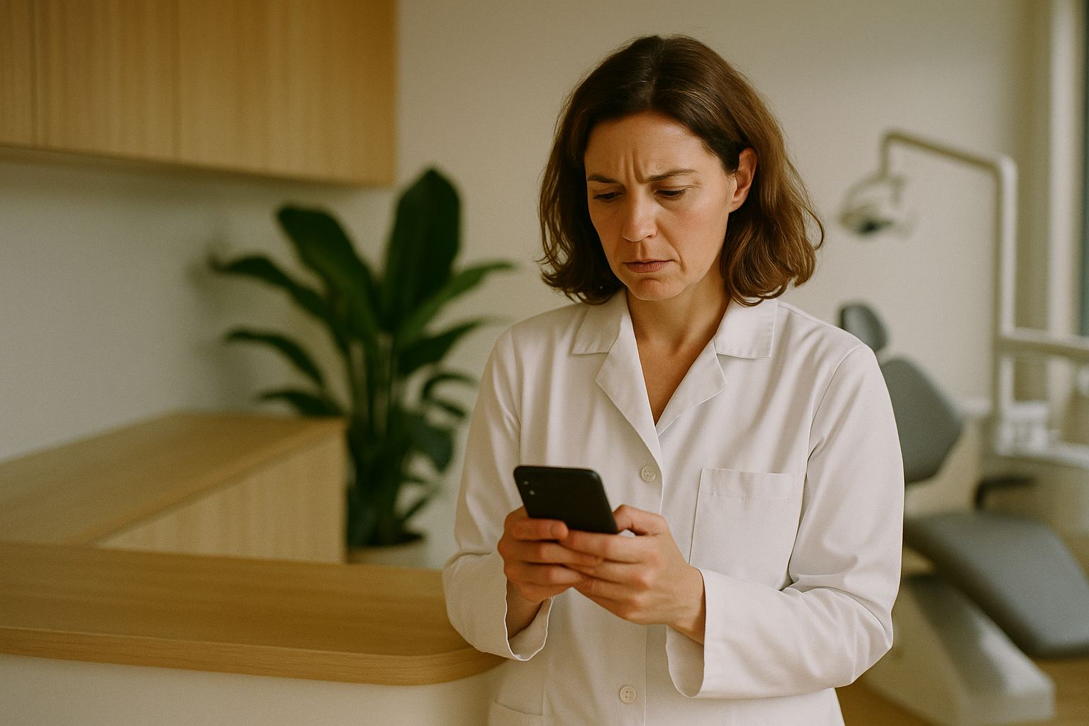 Une chirurgienne-dentiste consulte son téléphone à l'accueil de son cabinet, entre deux patients