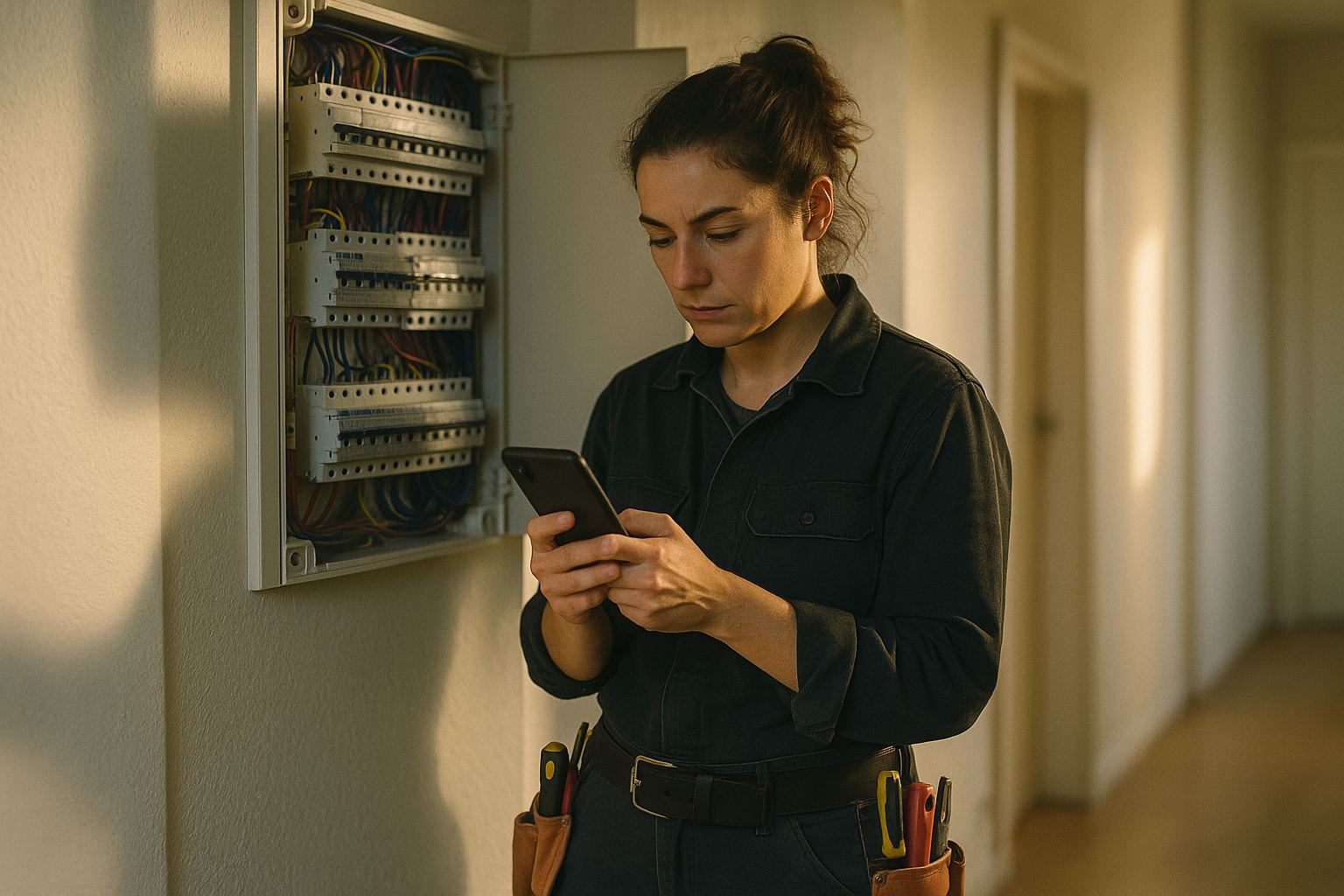 Une électricienne consulte son téléphone devant un tableau électrique ouvert, en fin de journée