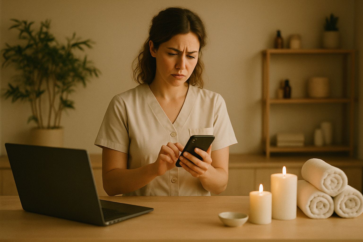 La gérante d'un institut de beauté consulte son téléphone à l'accueil, entre deux soins