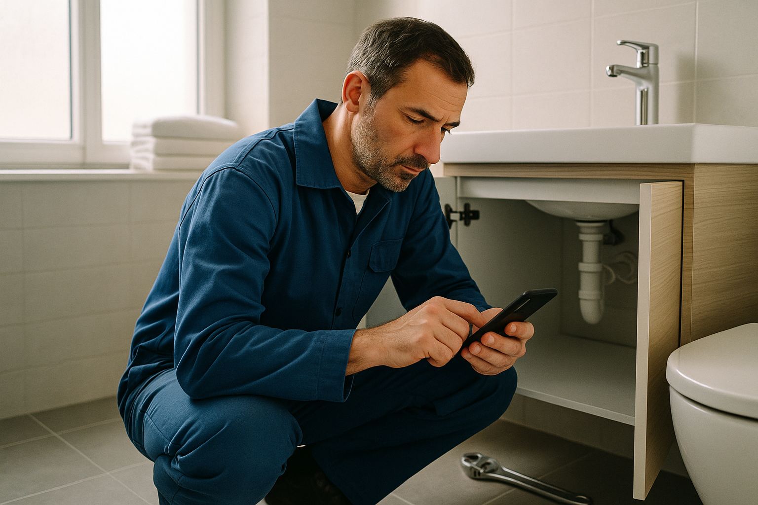 Un plombier consulte son téléphone entre deux interventions, agenouillé devant un meuble de salle de bain