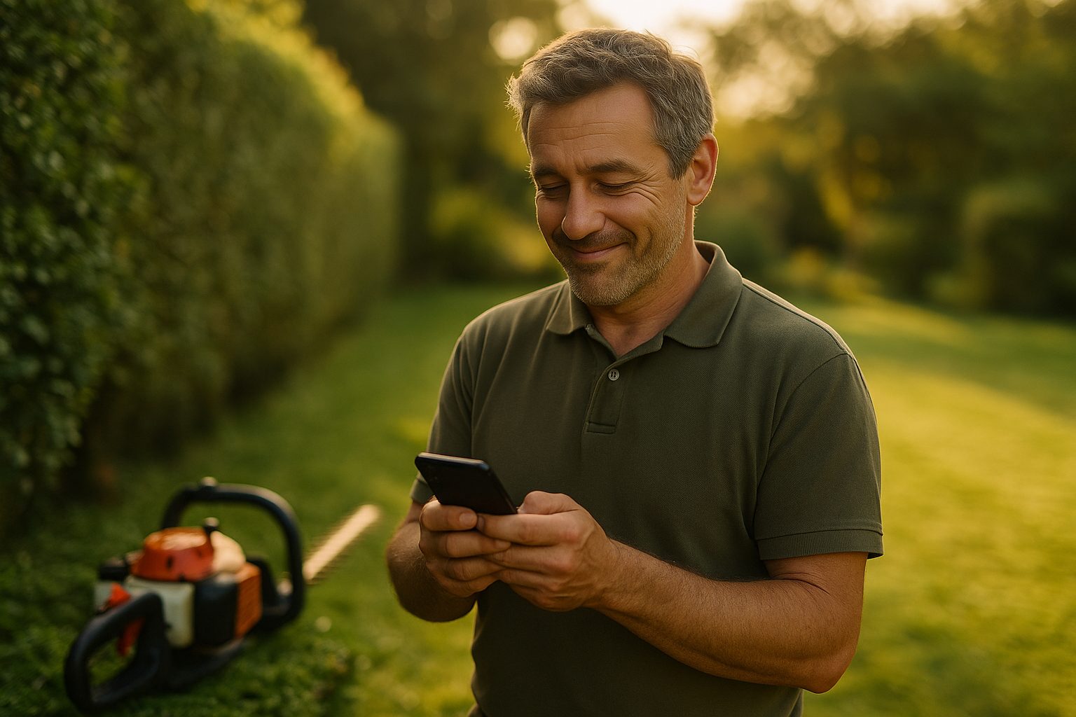 Un paysagiste en fin de journée regarde son téléphone : le SMS automatique a retenu le client qu'il n'a pas pu prendre