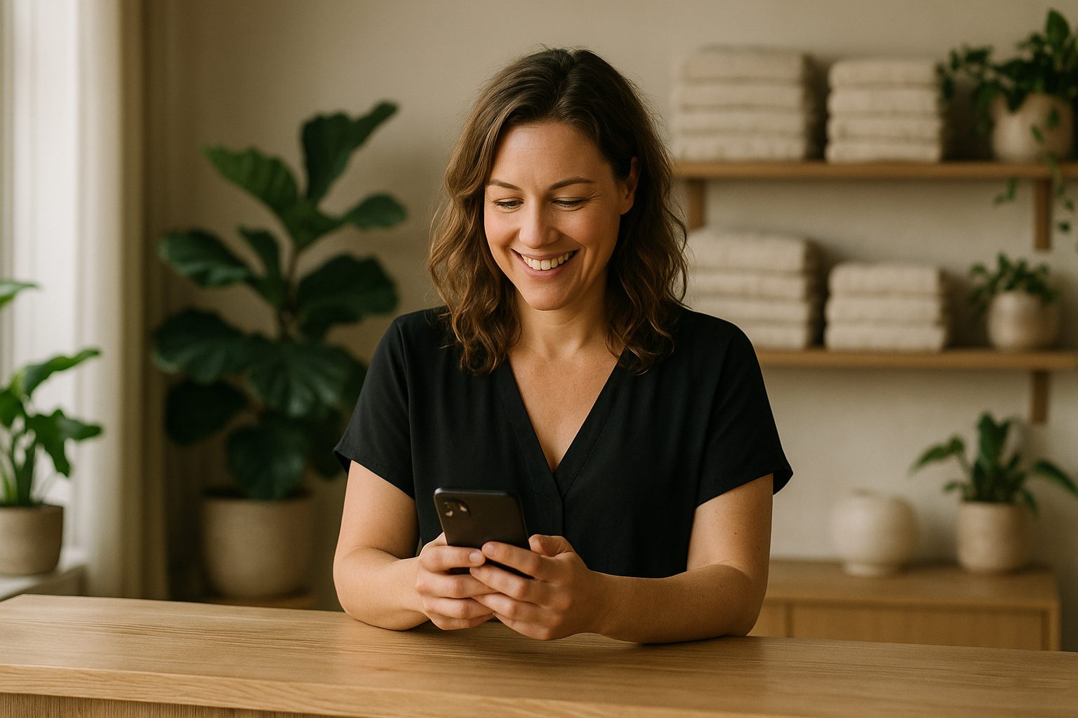 La gérante d'un institut de beauté consulte son téléphone à l'accueil de son établissement
