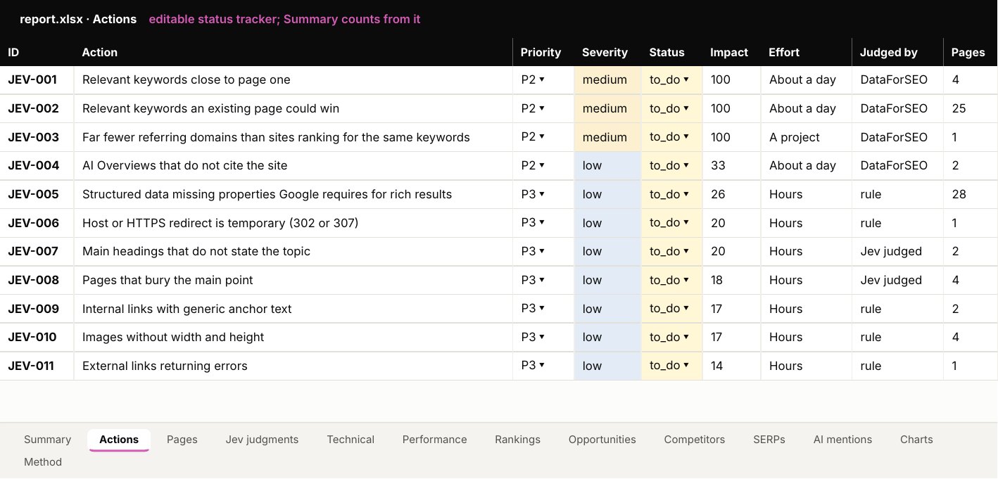 Tableur jev-seo : onglet Actions avec priorité, statut, impact et effort