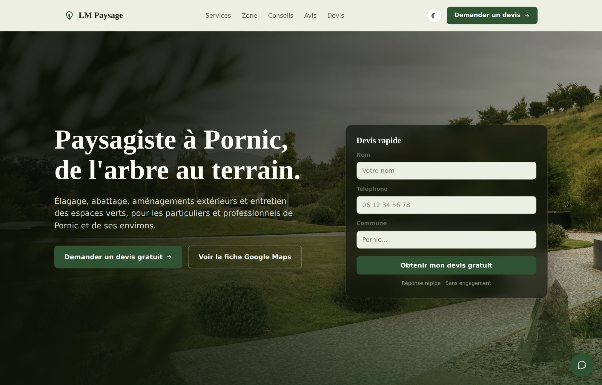 Page d'accueil du site LM Paysage, entreprise de paysagisme