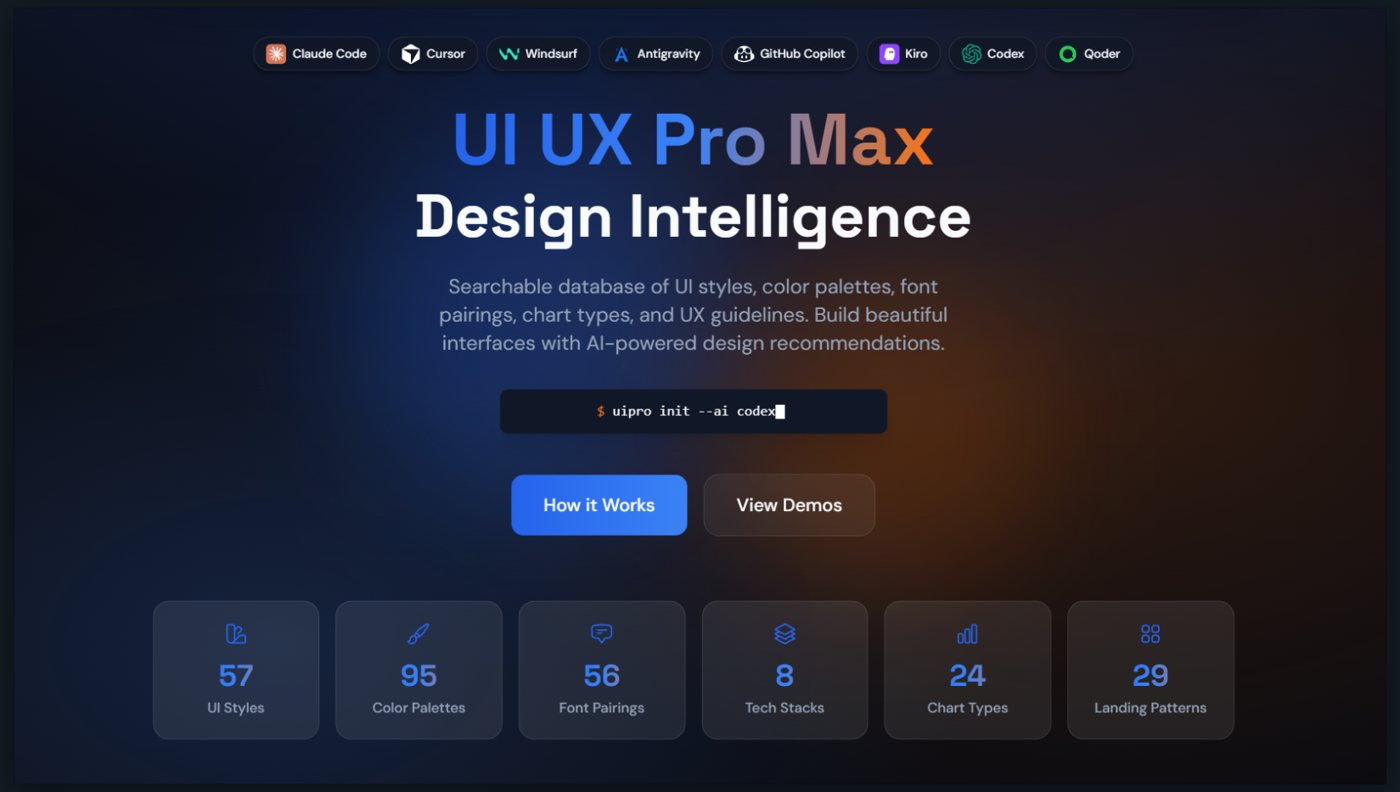 Page d'accueil d'UI UX Pro Max, la base de design interrogeable par Claude