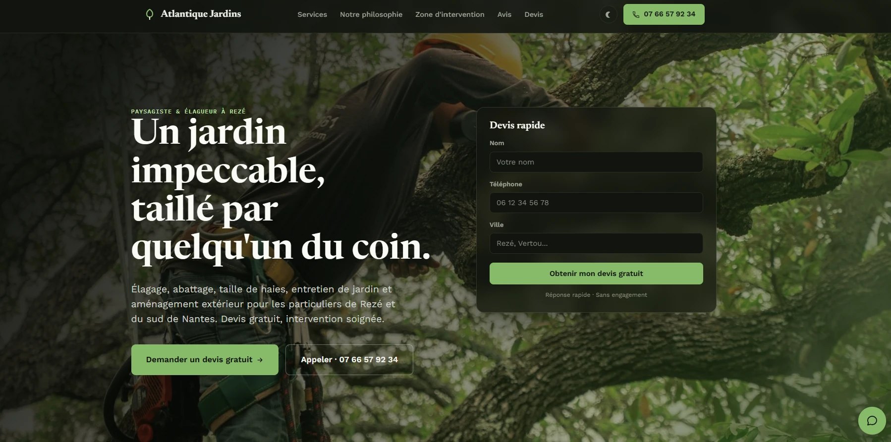 Page d'accueil d'un site de paysagiste à Rezé créé avec Claude Code, charte verte et formulaire de devis