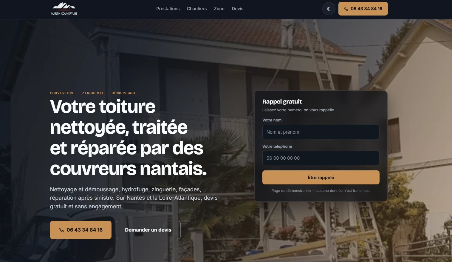 Page d'accueil d'un site de couvreur nantais créé avec Claude Code, formulaire de rappel gratuit