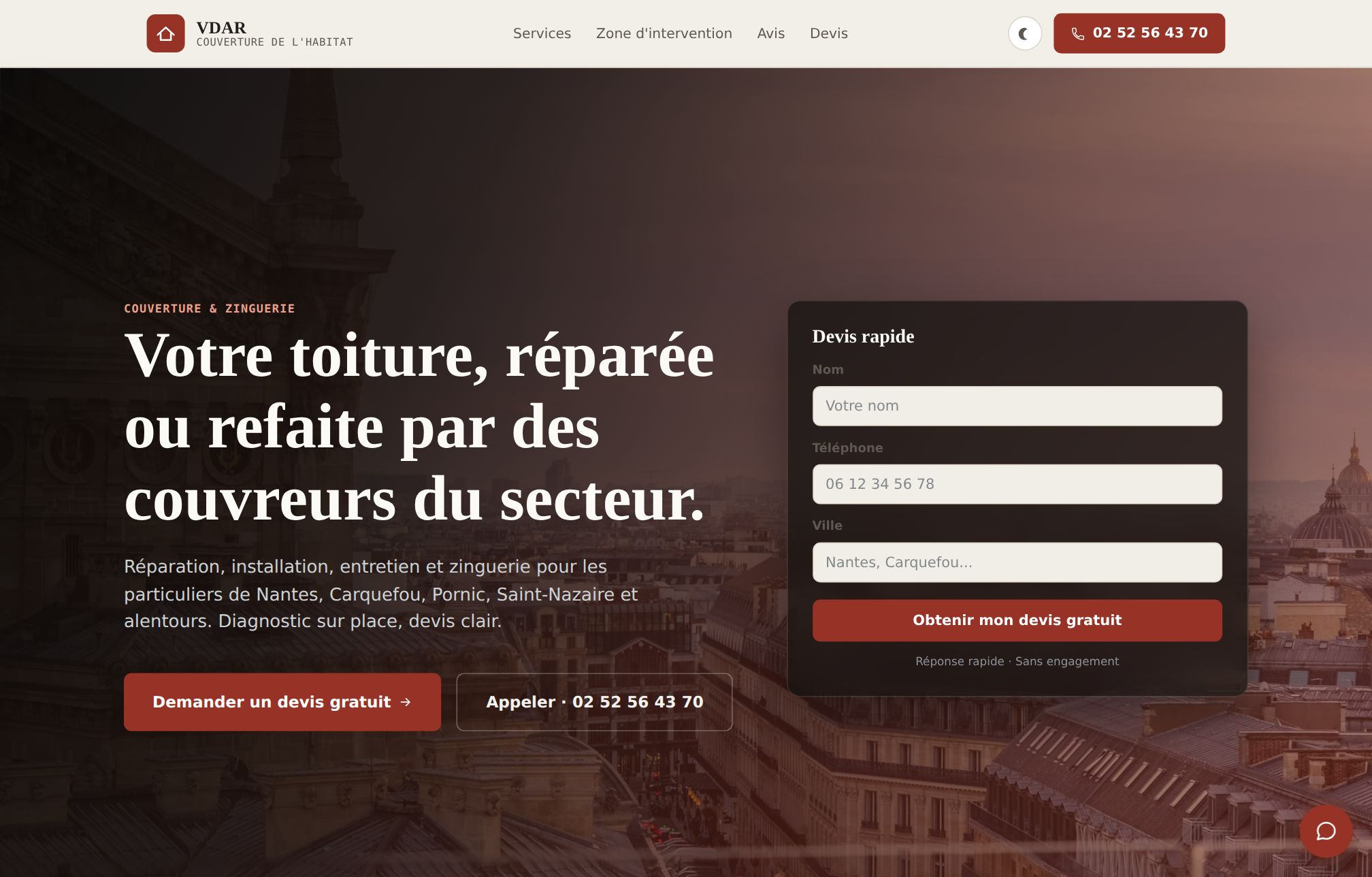 Page d'accueil du site VDAR Couverture de l'habitat, couvreur à Nantes