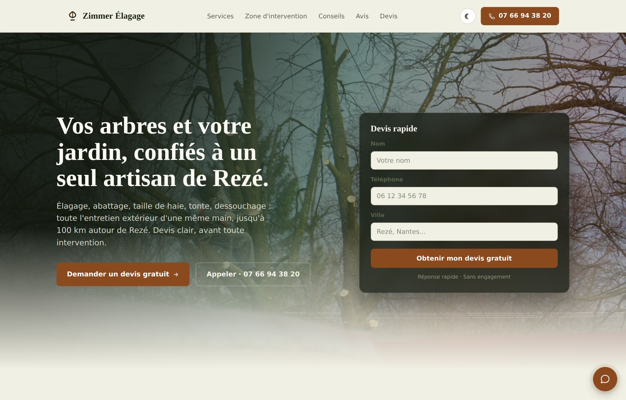 Page d'accueil du site Zimmer Élagage, élagueur à Rezé