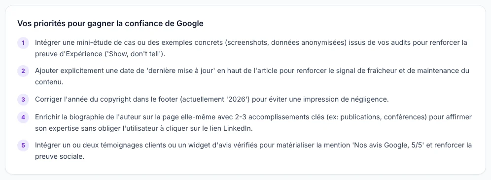 Les cinq priorités rendues par l'audit E-E-A-T de Décupler pour la page /eeat-google/, le 23 octobre 2026