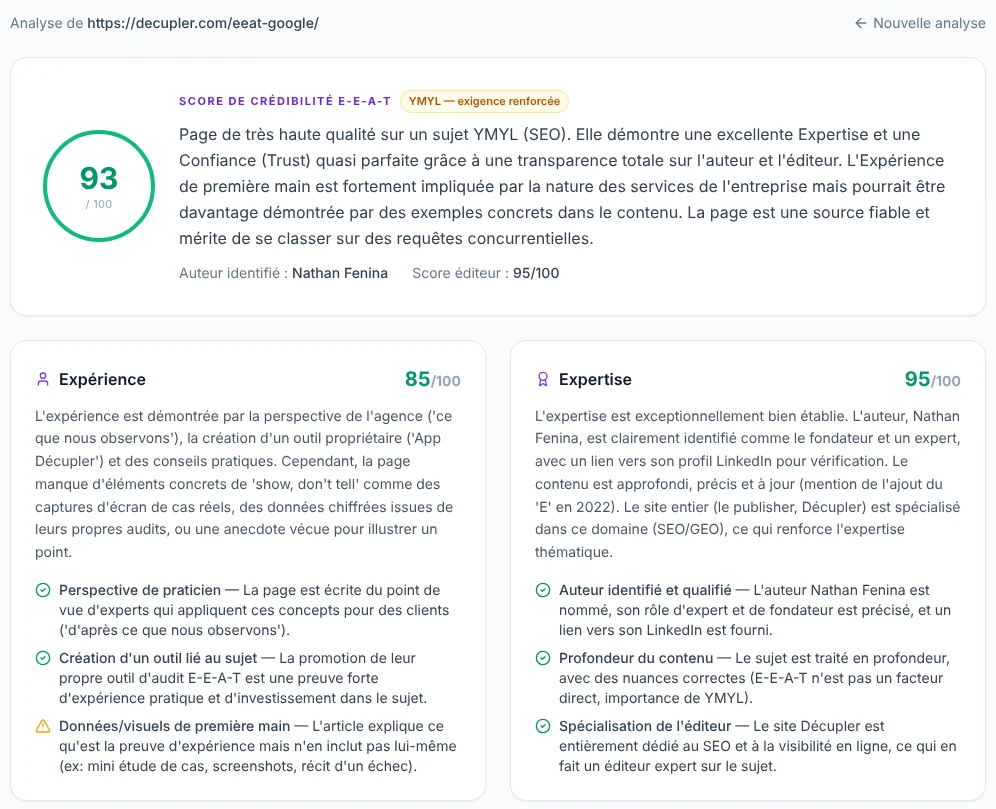Résultat de l'audit E-E-A-T de Décupler sur /eeat-google/ : 93 sur 100, piliers Expérience 85 et Expertise 95