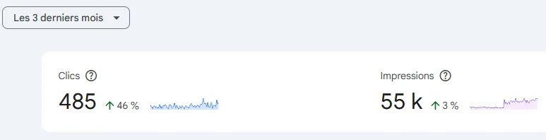Capture Search Console de Speed Inter : 485 clics (+46 %) et 55 k impressions (+3 %) sur 3 mois