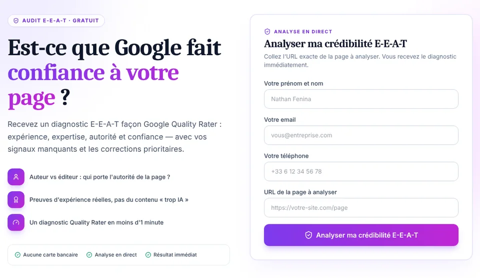 Formulaire de l'audit E-E-A-T gratuit de Décupler : nom, e-mail, téléphone et URL de la page à analyser