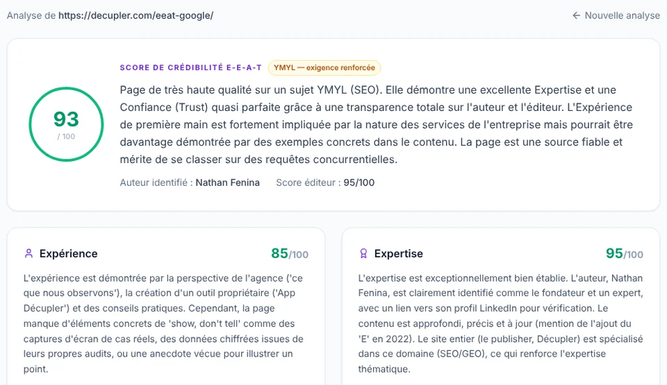 Haut du résultat de l'audit E-E-A-T de Décupler : score de 93 sur 100 et statut YMYL