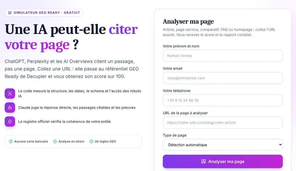 Formulaire du simulateur GEO Ready de Décupler