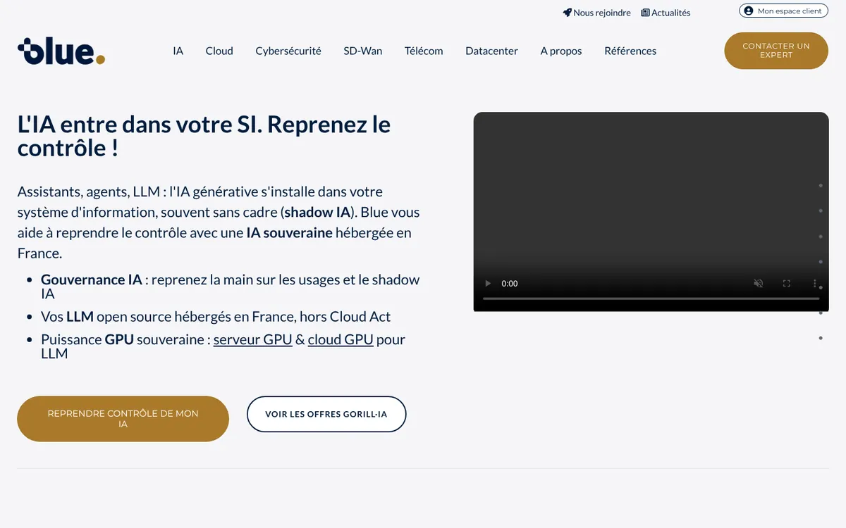 Page d'accueil du site de Blue, relevée le 20/10/2026