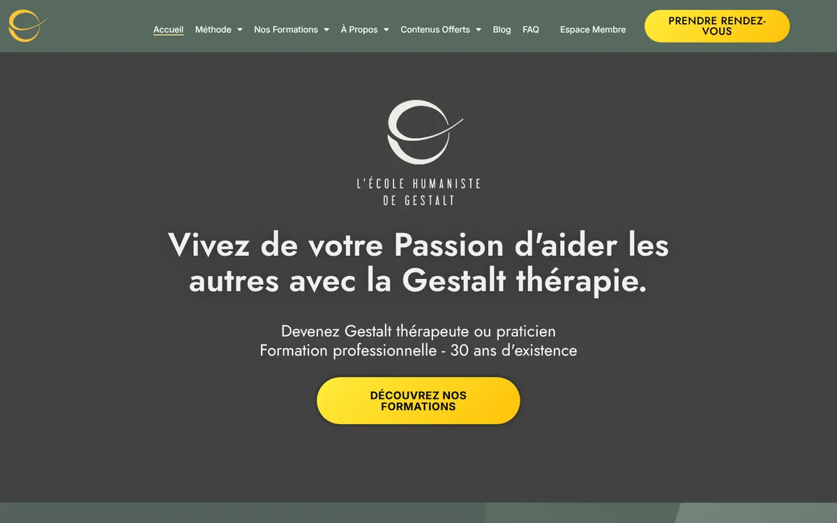 Page d'accueil du site de l'École Humaniste de Gestalt, relevée le 20/10/2026